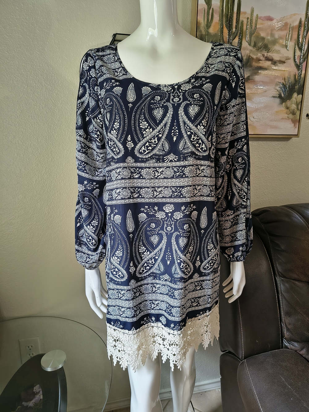 Rue21 Navy and White Paisley Tunic with Lace Hem